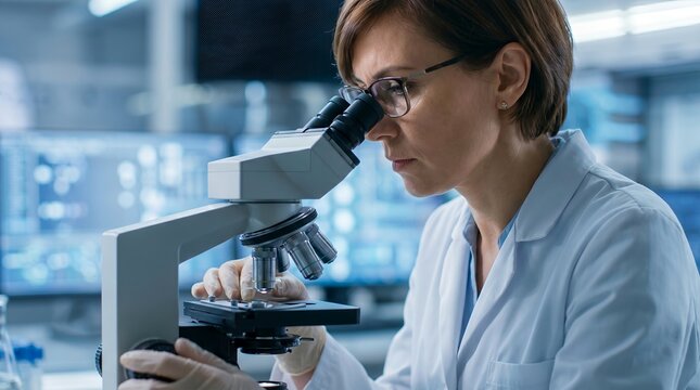 Pharmaceutical research lab with female scientist analyzing petri dish sample