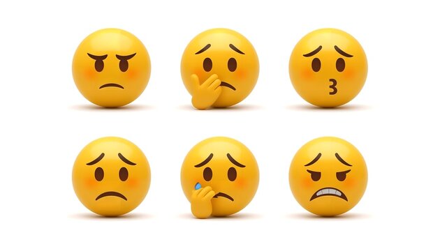 Six emoji faces in two rows showing sadness, thinking, fear, and emotional reactions