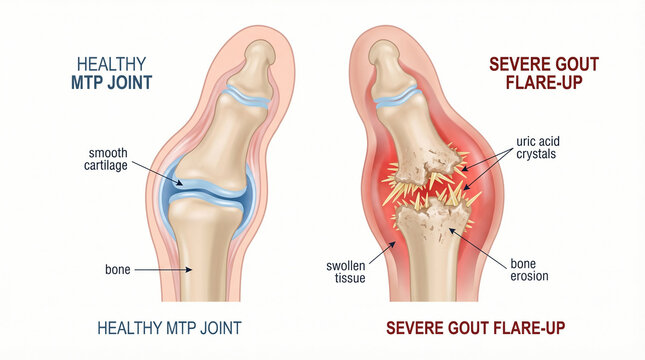 Realistic 3D Comparison of Healthy MTP Joint and Severe Gout Flare-Up