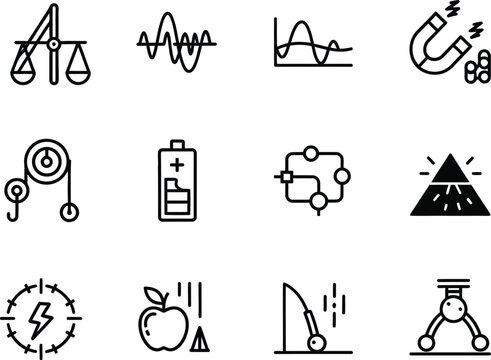 A set of physics symbols and equations in a minimalist vector graphic design