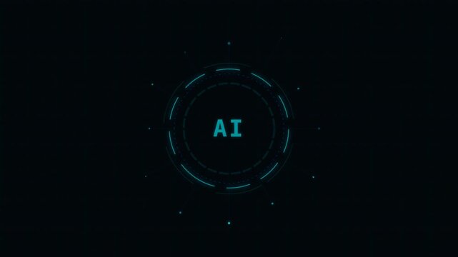 Glowing teal AI monogram centered within concentric holographic HUD rings on dark futuristic UI hub