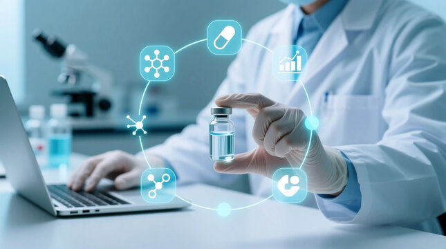 Pharmaceutical Research Biotech Innovation System on Medical Laboratory Desk with Hand Holding Molecule Vial for Drug Development of Pharma Technology with Minimal Holographic Icons