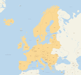 Europe map political and geographical detailed vector illustration with borders and country names