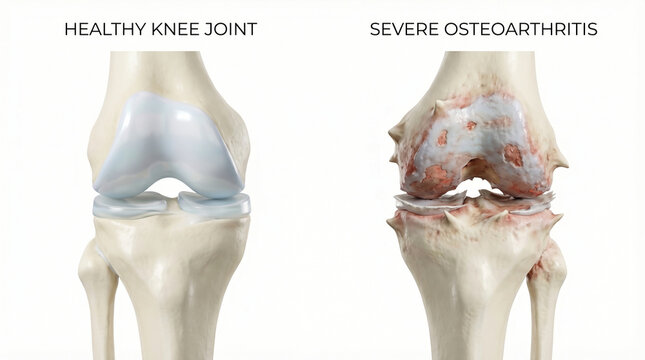 Healthy Knee Joint Versus Severe Osteoarthritis Degeneration 3D Illustration
