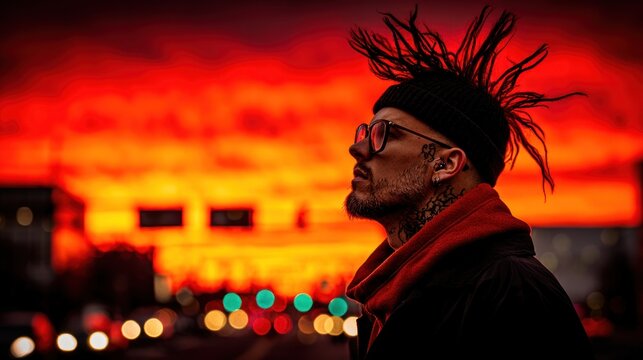 Man with Mohawk and Glasses Against Fiery Sunset Sky.