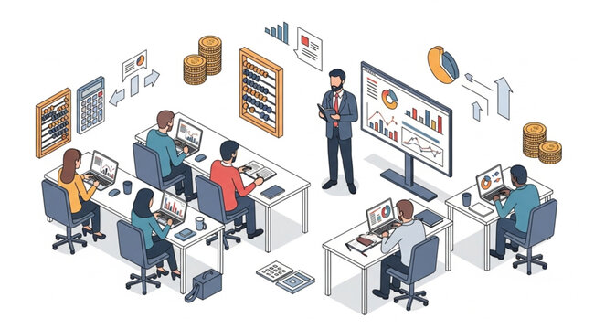 Business training session with instructor and students learning data analysis.
