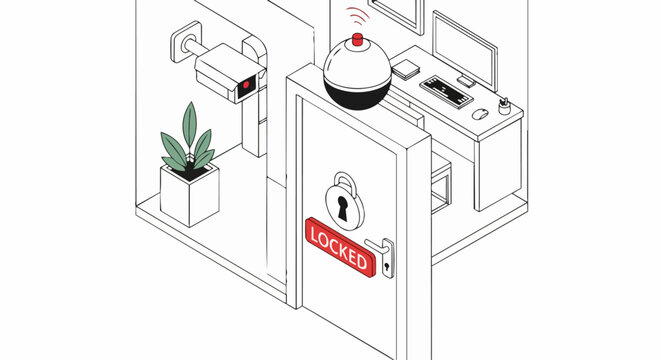 Isometric Office Security Illustration with Locked Door and Surveillance Camera for Cybersecurity Concept