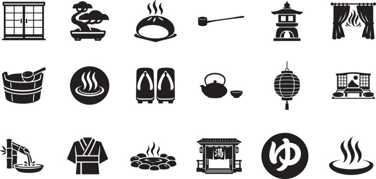 Hot spring ryokan icon set with traditional Japanese bath symbols travel hospitality and wellness vector.