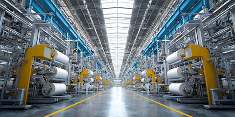 Fototapeta premium Efficient Factory Production Process with Aligned Machines in a Wide Industrial Facility Captured from a Perspective Viewpoint Emphasizing Modern Manufacturing Concepts