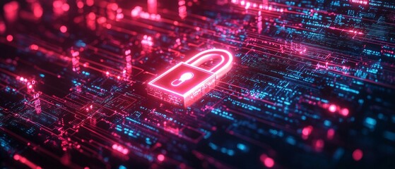 Fototapeta premium A neon castle on a glowing microchip in shades of pink and blue – a cyber-secure backdrop for topics such as data protection, encryption or digital defence in the age of artificial intelligence.