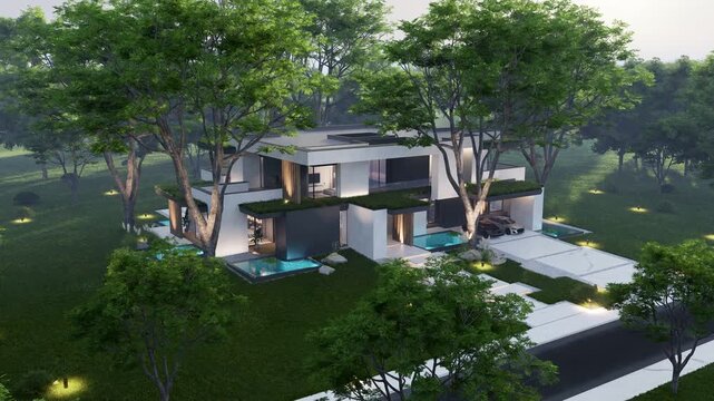 4K video rendering of two-story house with parking and pool for sale or rent with concrete facade and beautiful landscaping Clear summer evening with cozy light from window