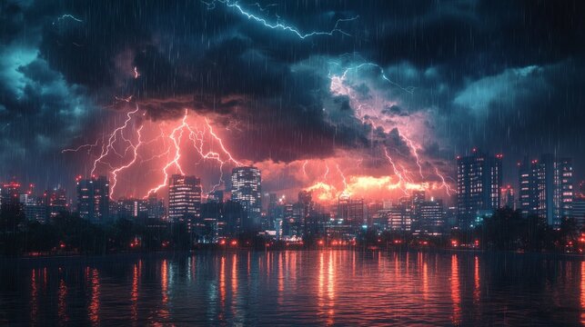 A city struck by lightning during a downpour is reflected in the water &mdash; an apocalyptic backdrop for disaster films, climate warnings or dramatic scenes of destruction.