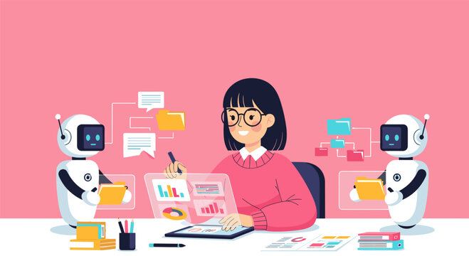 Woman working with AI assistants organizing data documents and analytics in smart workflow