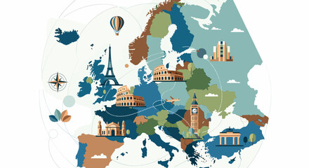 A colorful illustrated map of Europe featuring famous landmarks and travel icons, depicting tourism and exploration across the continent. © evans