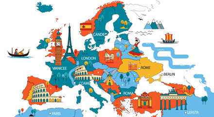 Cartoon map of Europe showcasing famous landmarks and cultural symbols for travel and tourism. © evans