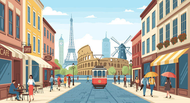 A vibrant cartoon illustration of a European city street with famous landmarks, people, and a tram.
