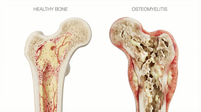 3D Medical Illustration of Osteomyelitis Infection vs Healthy Bone