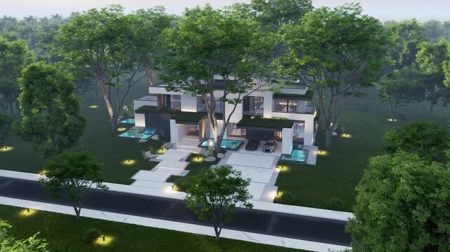 4K video rendering of two-story house with parking and pool for sale or rent with concrete facade and beautiful landscaping Clear summer evening with cozy light from window