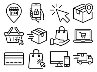 Online shopping icons set with store mobile phone package cart credit card laptop delivery truck shopping ecommerce © Suhel_ICON_Design