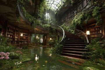 Fototapeta premium Abandoned library with overgrown vines and flooded interior