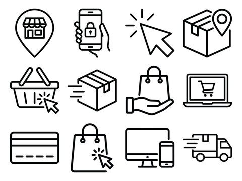Online shopping icons set with store mobile phone package cart credit card laptop delivery truck shopping ecommerce