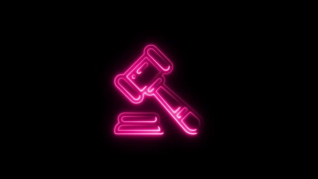 Glowing Neon Auction Icon Animation with vibrant light on black background, 4k video