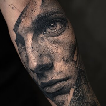 Realistic Tattoo of a Distorted Human Face on an Arm.