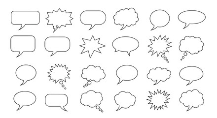 Fototapeta premium Grid of twenty four diverse speech bubbles in different styles like jagged clouds and rounded rectangles provides a full comic dialogue set.