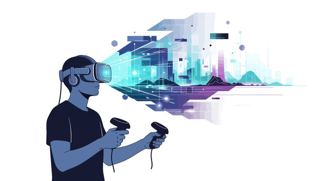 Man wearing VR headset and holding controllers with futuristic cityscape
