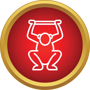 Monkey character performing a flexibility stretch or pull up inside a red and gold bordered circle