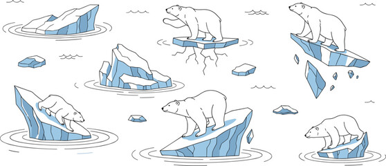Polar bear on melting ice set illustrating climate change and arctic habitat loss in minimal line style © Protima