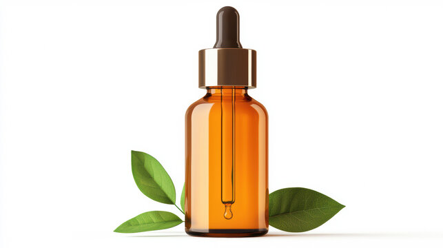 Amber glass bottle with dropper and green leaves showcases natural beauty product, serum, or essential oil for skincare routine on a white background in studio.