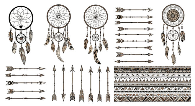 Dreamcatcher, feather, arrow, tribal, bohemian vector icons, 25 elements, boho chic graphics