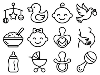 Naklejka premium Assortment of baby and childhood icons with stroller pacifier porridge pregnant carrying childhood parenthood