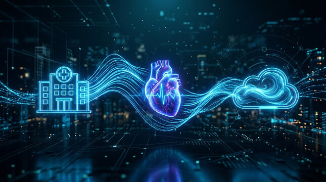 Digital health ecosystem wave like data flow lines linking hospital heart and cloud computing in dark city night, futuristic healthcare network connection
