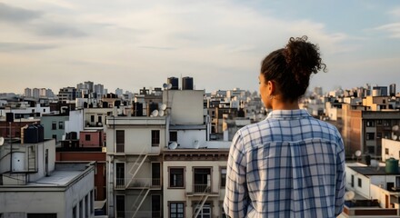 Fototapeta premium Woman contemplating city view from urban rooftop