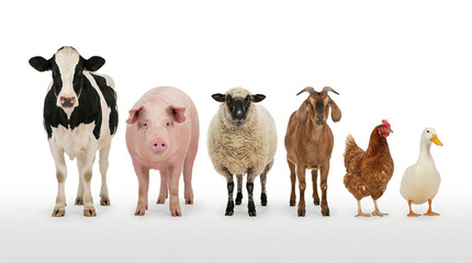 Fototapeta premium Farm animal group lineup isolated on white background, cow pig sheep goat chicken duck together