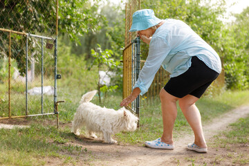 Naklejka premium Mature woman opening garden gate for her small white dog in countryside.