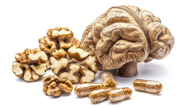 A brain shaped walnut sits next to ed walnuts and capsules suggesting the link between food health brain health and nootropic supplements on white space.