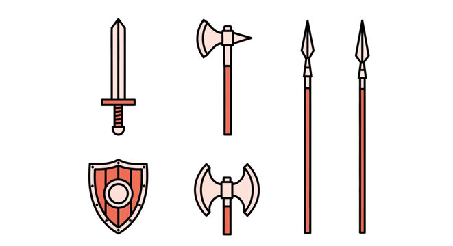Collection of medieval armaments including a sword axe shield and spears isolated on a white background for historical and fantasy themes