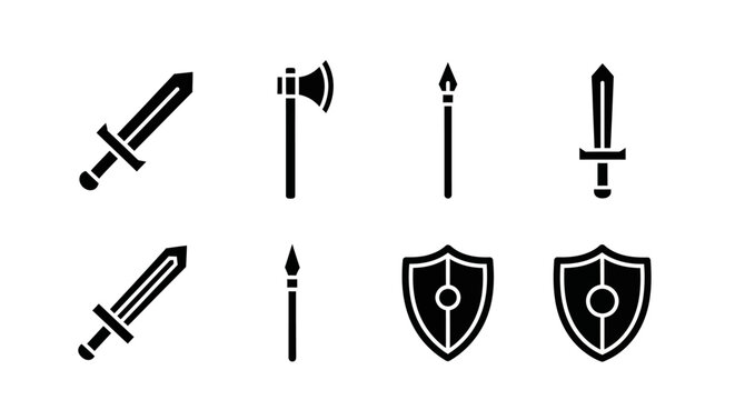 Collection of Ancient Weapon Icons Featuring Swords Axes Spears and Shields For Historical Designs and Game Assets