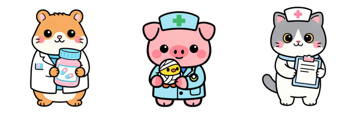 Obraz premium Medical care cute cartoon nurse doctor pig cat hamster health worker illustration set featuring animal nurse doctor holding bottle stethoscope