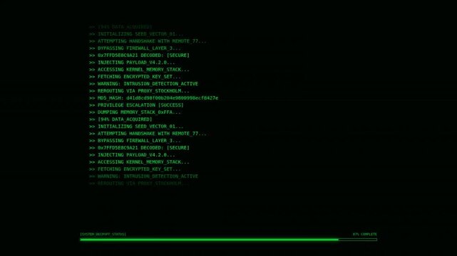 A glowing computer screen displaying green text code against a dark background, resembling hacking