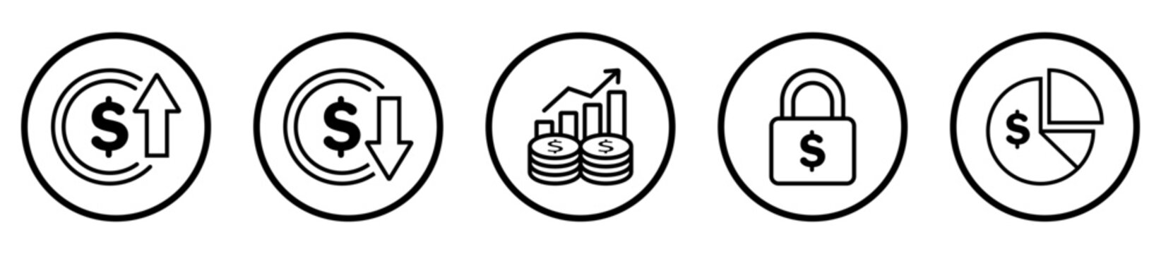 Finance money growth decrease chart lock pie analytics icons set with dollar, profit, investment, security, statistics, currency, business symbols for fintech and banking use