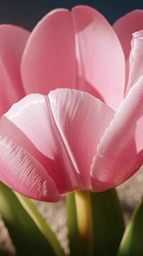 Extreme close up shot of a beautiful pink tulip flower. The delicate petals are illuminated by soft, natural sunlight revealing their texture