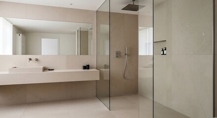 Fototapeta premium Modern Luxury Bathroom With Sleek Vanity and Glass Shower Enclosure.