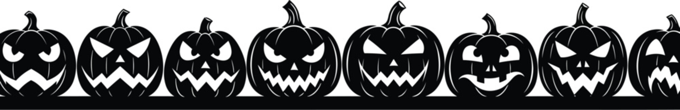A repeating pattern of black and white carved halloween pumpkins
