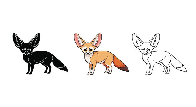 Three different colored fennec foxes standing in various line art styles and colors