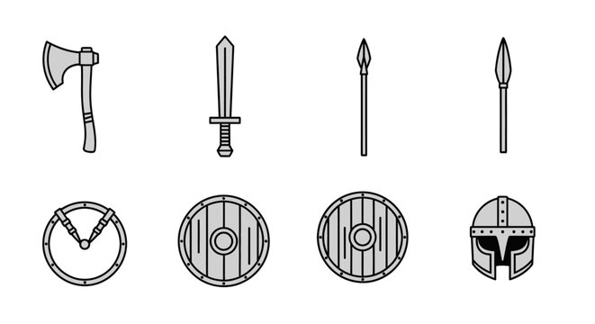 Collection of ancient warrior tools including axe sword spears and helmets suitable for historical game design elements or educational materials