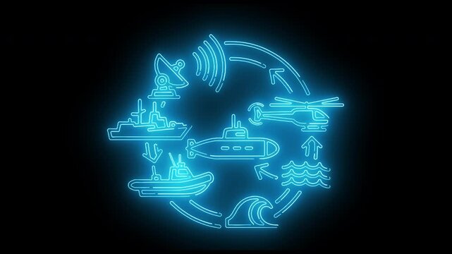 Glowing blue neon illustration of various transportation modes in a circular pattern on a black background.